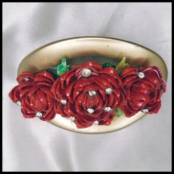 Red Roses Hair Clip Barrette With Rhinestones - Scarf Slide - Choker Clip - Picture 3 of 10
